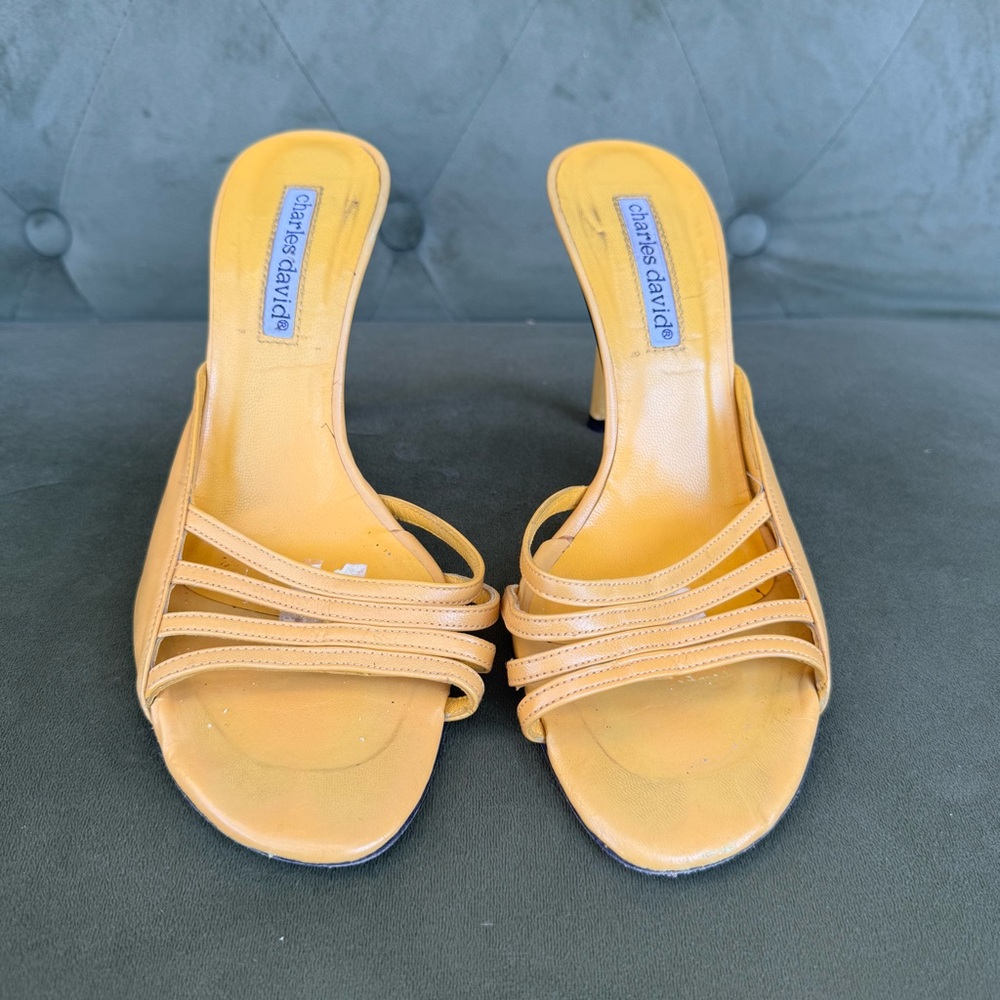 Charles David Leather Yellow Strappy Heels Mules